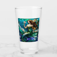 Stained glass mermaid admiring a flower
