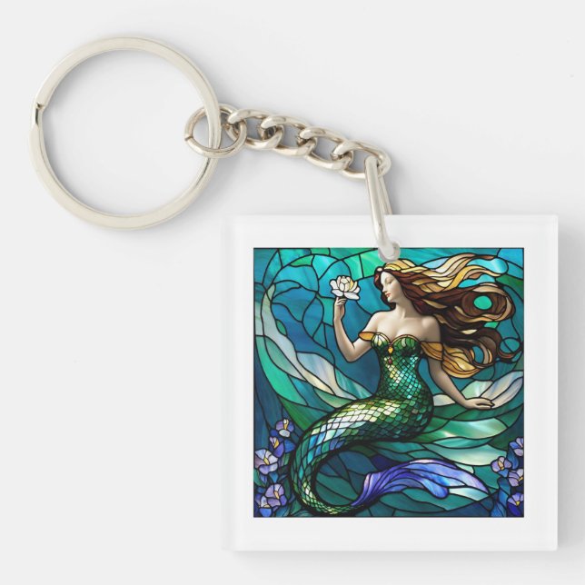 Stained glass mermaid admiring a flower key ring (Front)