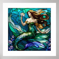 Stained glass mermaid admiring a flower