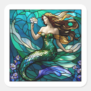 Stained glass mermaid admiring a flower square sticker