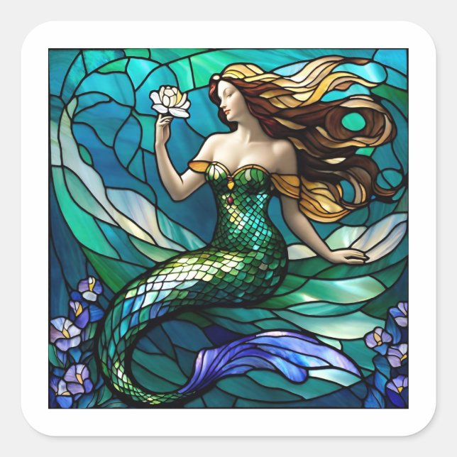 Stained glass mermaid admiring a flower square sticker (Front)