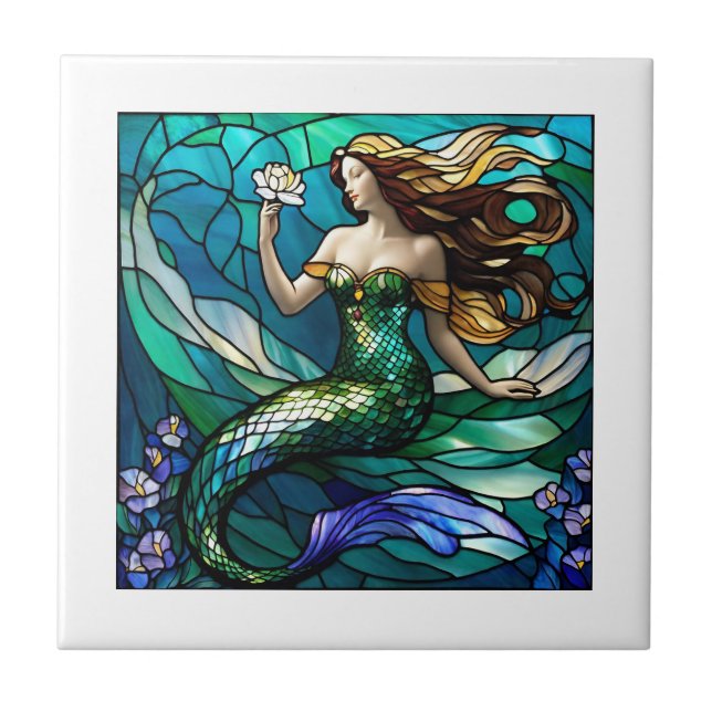Stained glass mermaid admiring a flower tile (Front)