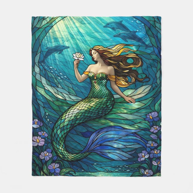 Stained Glass Mermaid Art Fleece Blanket (Front)