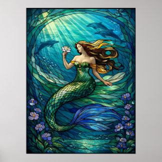 Stained Glass Mermaid Wall Art Poster