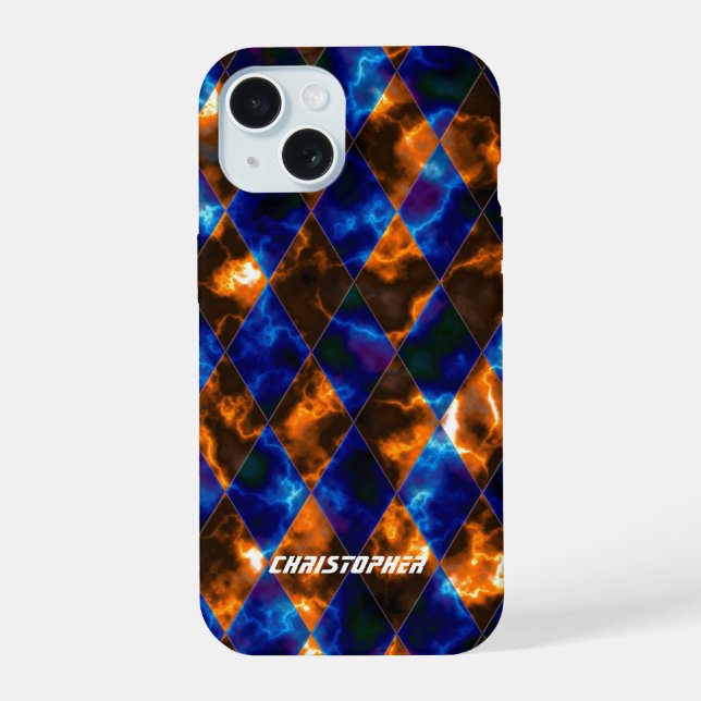 Stained Glass Misty Blue Gold iPhone 15 Case (Back)