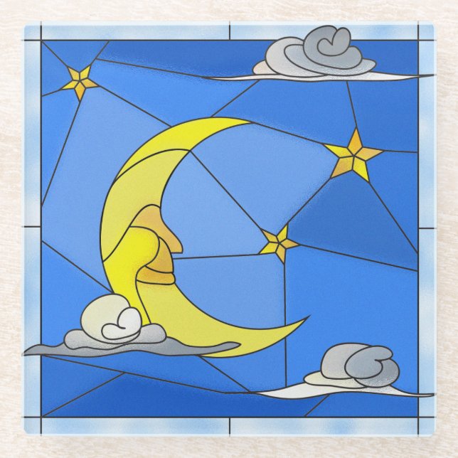 Stained Glass Moon, Stars, and Clouds Glass Coaster (Front)