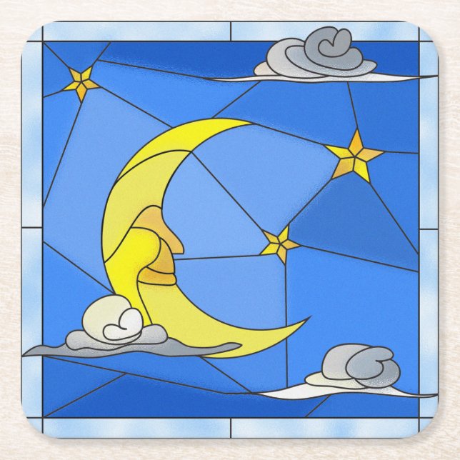 Stained Glass Moon, Stars, and Clouds Square Paper Coaster (Front)