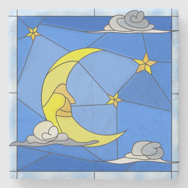 Stained Glass Moon, Stars, and Clouds Stone Coaster (Front)