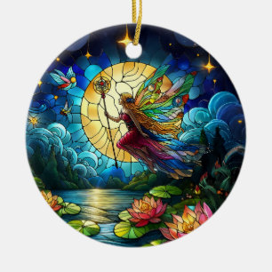 Stained Glass Moonlight Flight Fairy  Ceramic Tree Decoration