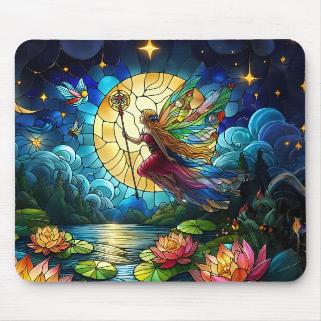 Stained Glass Moonlight Flight Fairy  Mouse Mat (Front)