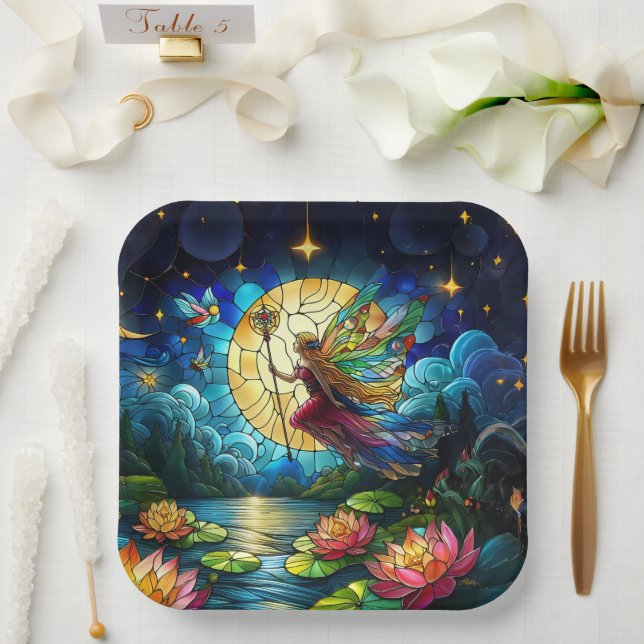 Stained Glass Moonlight Flight Fairy  Paper Plate (Wedding)