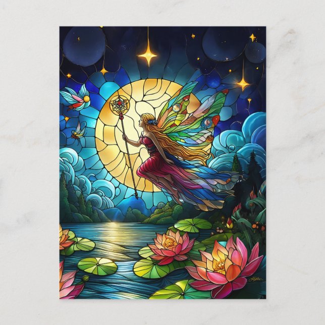 Stained Glass Moonlight Flight Fairy  Postcard (Front)