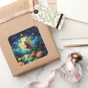 Stained Glass Moonlight Flight Fairy  Square Sticker