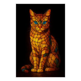 Stained Glass Mosaic Cat with Blue Eyes Poster