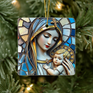 Stained Glass Mosaic   Mary and Jesus Christmas Ceramic Ornament