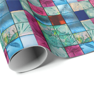 Stained Glass Mosaic Multicolor Zinnia Check Wrapping Paper