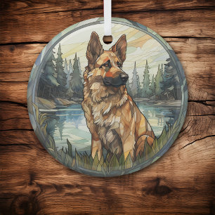 Stained Glass Mountain German Shepherd Dog Glass Tree Decoration