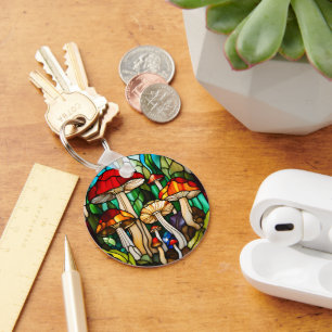 Stained Glass Mushroom Art Key Ring