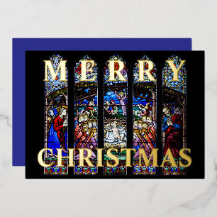 Stained Glass Nativity Scene Merry Christmas Foil Holiday Card