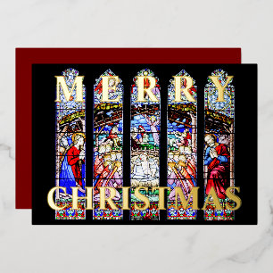 Stained Glass Nativity Scene Merry Christmas Foil Holiday Card