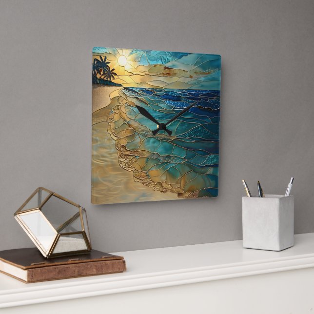 Stained Glass Ocean Beach Wall Clock (Office)