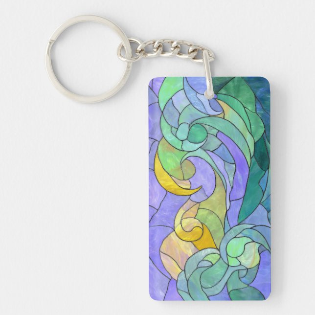 Stained Glass Ocean Waves Artistic Coastal pastel Key Ring (Front)