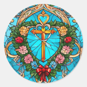 Stained Glass of Christian Cross Classic Round Sticker