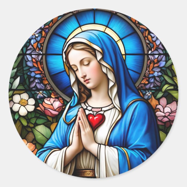 Stained Glass of Virgin Mary Christian Catholic Classic Round Sticker (Front)