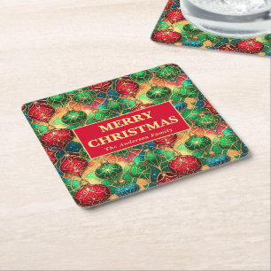 Stained Glass Ornament Christmas Square Paper Coaster