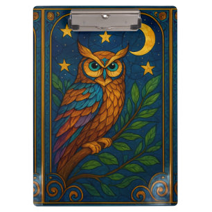 Stained Glass Owl Under the Moon and Stars Clipboard