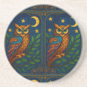 Stained Glass Owl Under the Moon and Stars Coaster