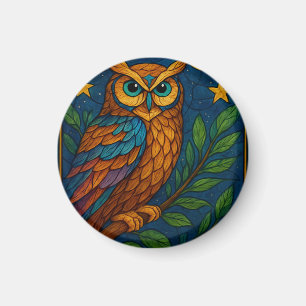 Stained Glass Owl Under the Moon and Stars Magnet
