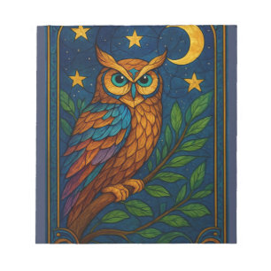 Stained Glass Owl Under the Moon and Stars Notepad