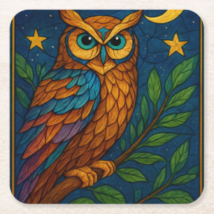 Stained Glass Owl Under the Moon and Stars Square Paper Coaster