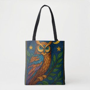 Stained Glass Owl Under the Moon and Stars Tote Bag