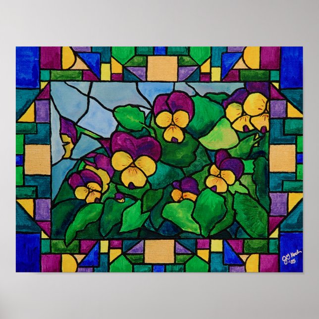Stained Glass Pansies Poster (Front)