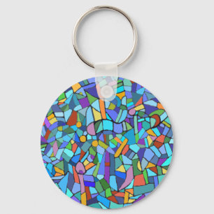 Stained Glass Pattern in Blue Key Ring