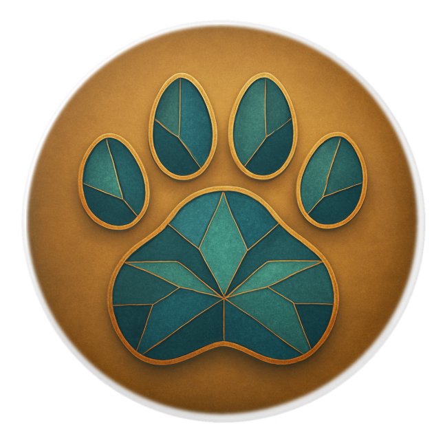 Stained Glass Paw Teal & Gold Mosaic Ceramic Knob (Front)