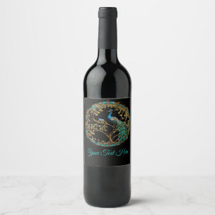 Stained Glass Peacock Autumn Tree Wine Label
