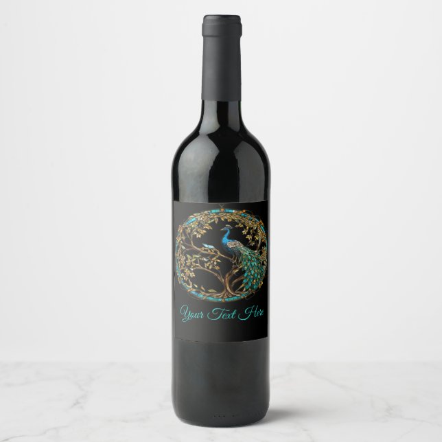 Stained Glass Peacock Autumn Tree Wine Label (Front)