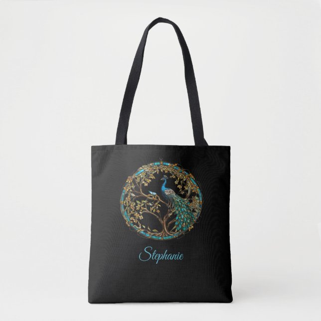 Stained Glass Peacock Fall Tree-Choose your Colour Tote Bag (Front)