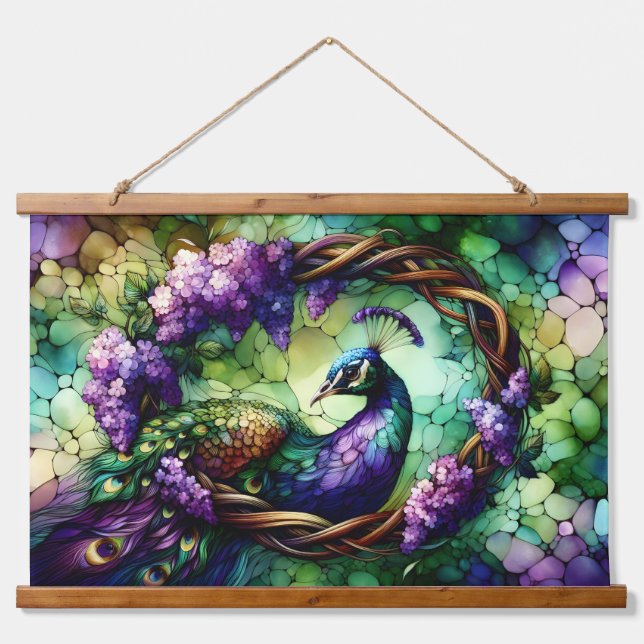 Stained Glass Peacock Floral Wreath Art Hanging Tapestry (Front)
