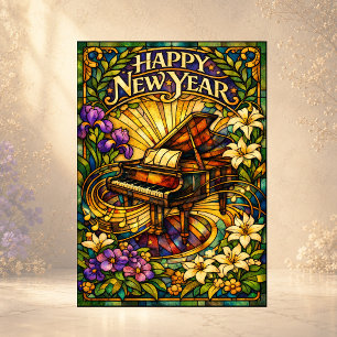 Stained Glass Piano Floral New Year Holiday Card
