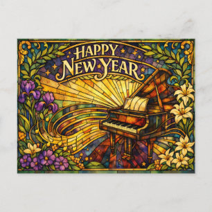 Stained Glass Piano Floral New Year Holiday Postcard