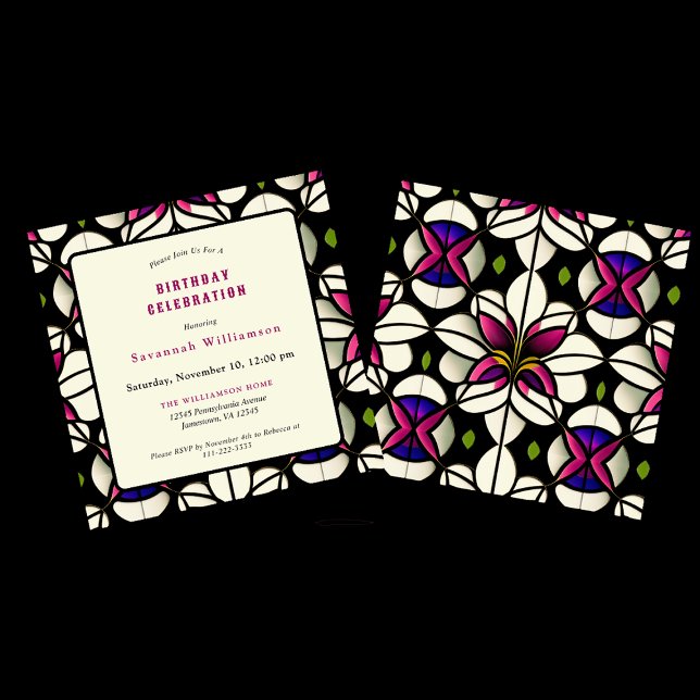 Stained Glass Pink Lily Customisable Birthday Invitation (Creator Uploaded)