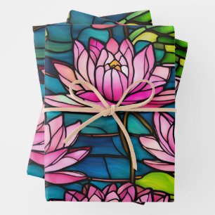 Stained Glass Pink Water Lily Flowers Wrapping Paper Sheet