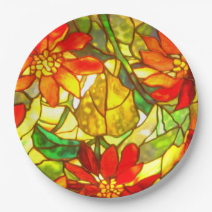 Stained glass poinsettia flower vintage floral paper plate