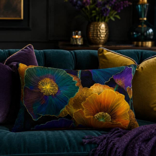 Stained Glass Poppies Accent Pillow (Vibrant Stained Glass Poppy Print | Affordable Wall Art | Moody Floral Botanical Art | Downloadable )