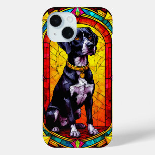 Stained Glass Portrait of a Dog With Gold Chain iPhone 15 Case