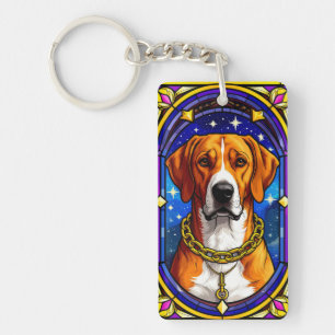 Stained Glass Portrait of a Dog With Gold Chain Key Ring